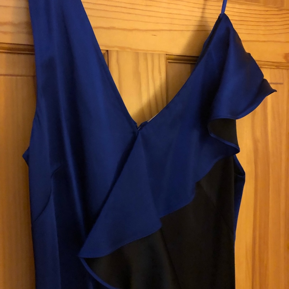 DVF Blue asymmetrical dress w/ black ruffle detail
